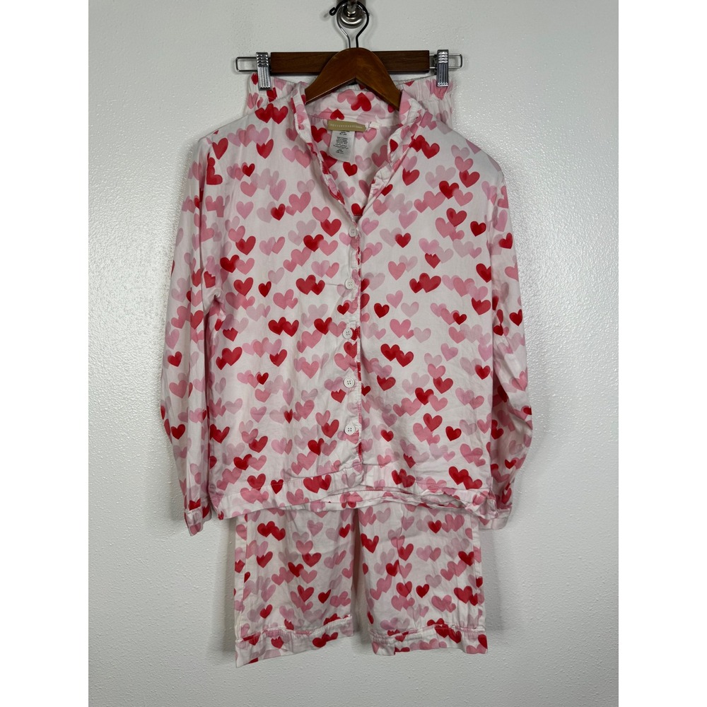 Pottery Barn Teen Pajama Set Small Pink Red Heart Print Cotton 2 Piece PJ Set